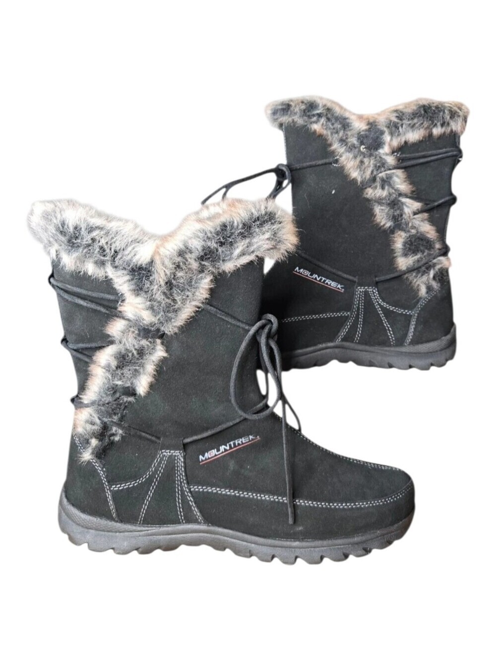 Mountrek Womens Black Leather Suede Faux Fur Ellie Lodge Mid Calf Boots 9